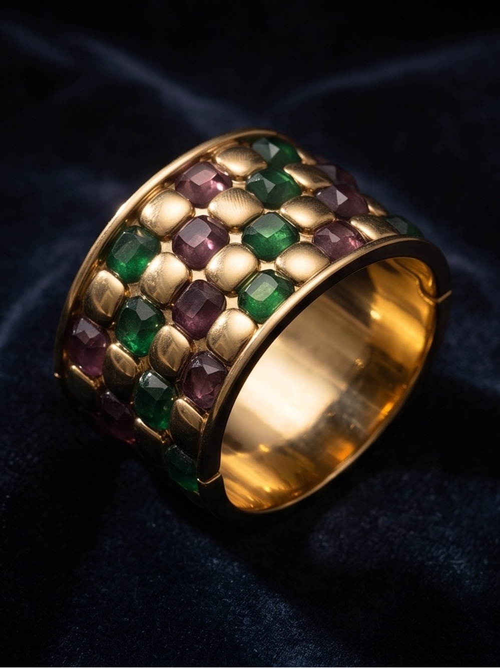 Gold Cuff Bracelet with Green and Amber Gemstones